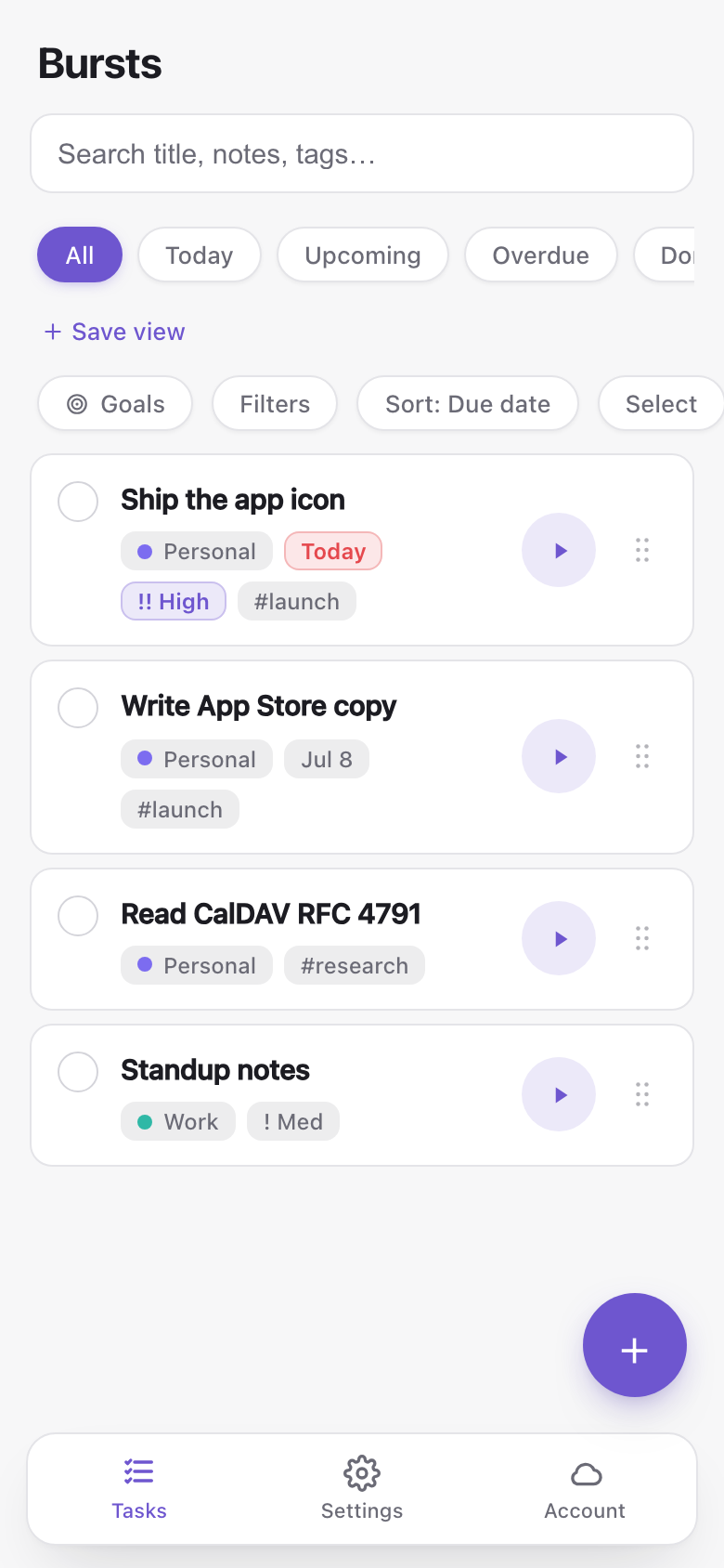 Pick a task, start a burst, watch the list clear.