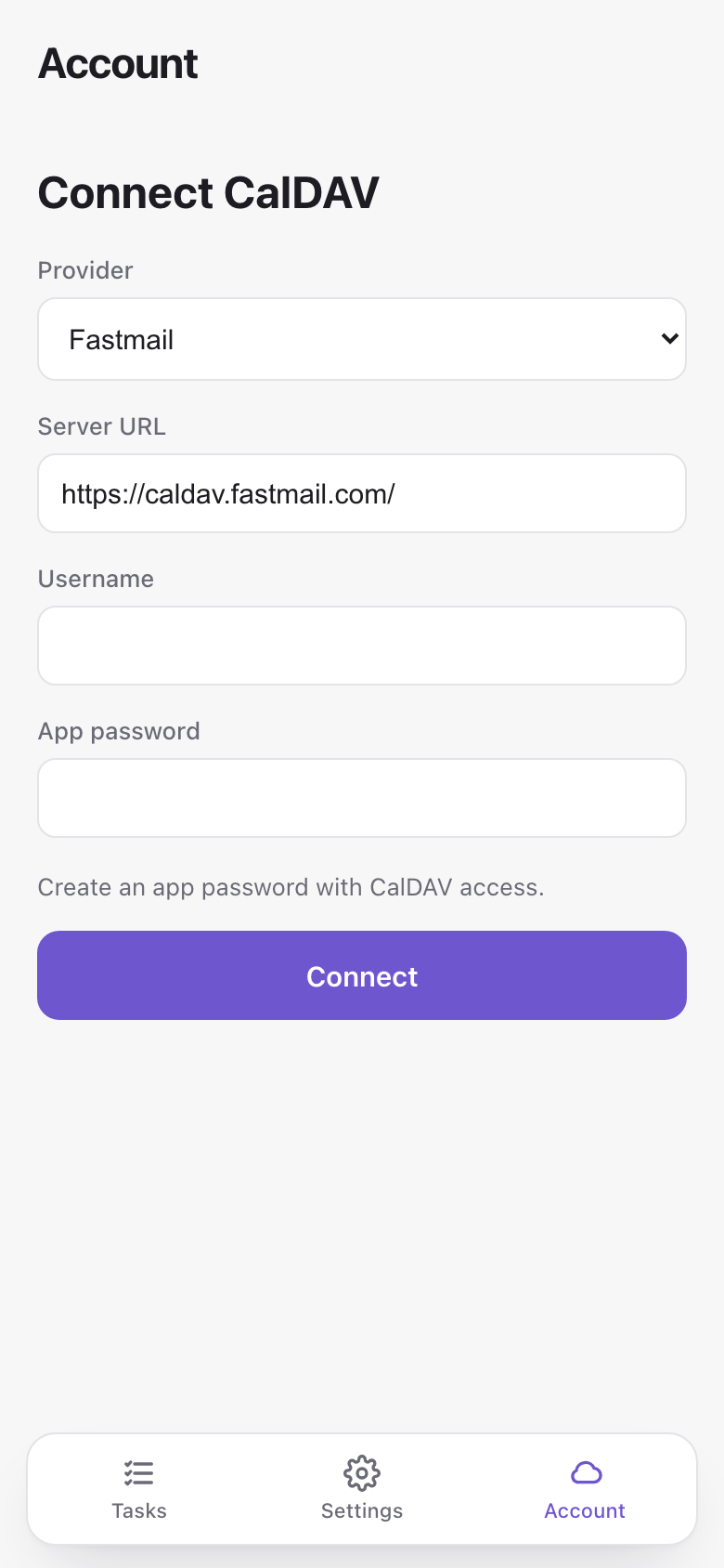 Syncs to any standard CalDAV server — no account of ours, ever.